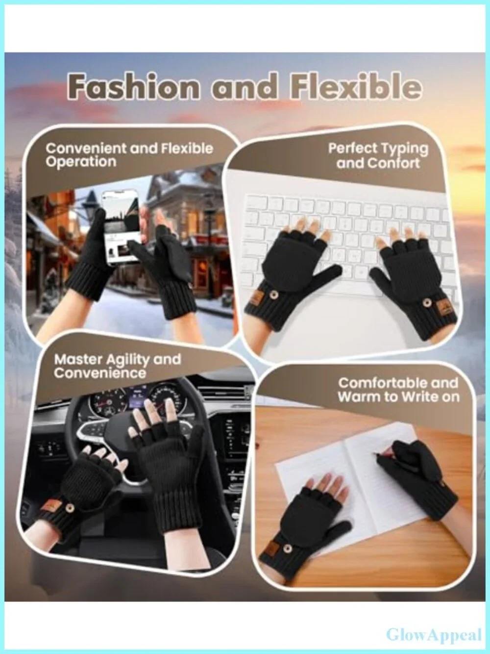 Warm Winter Convertible Fingerless Gloves with Flip Top, Touchscreen, Unisex